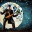 Placeholder: cyborg one man band, instruments, full moon background center large, steampunk style, 3d, hd