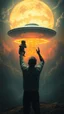 Placeholder: Bosch painting style nightmare, a man holding a baby up toward a ufo spaceship, in the background a nuclear explosion in the rear view , dramatic sad scene, fantasy, scary.