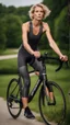 Placeholder: photography of a beautiful anorexic woman, grey satin triathlon top, sports illustrated, blond short wavy bob haircut, pronounced sternum, flat chest, anthracite cycling leggins