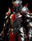 Placeholder: silver metal demon armor with crimson trim,regal gold highlights, glowing red eyes, long crimson cape, red hair out of the helmet