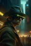 Placeholder: cyberpunk city scene with man in a straw hat with square pilot goggles