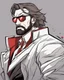 Placeholder: a young man with big muscles who looks like hans gruber wearing a heavy coat and red sunglasses staring with an irritated look on his face