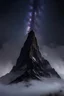 Placeholder: looking up at the tallest single mountain sharp face rising out of the misty foreground into the night sky background.