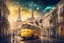 Placeholder: futuristic Lisbon city view in fantasy style with famous yellow tram, one eiffel tower in background, cosmic sky, dreamy, moody