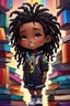 Placeholder: A sassy futurism ABSTRACT colorful art cartoon black chibi BOY LOOKING DOWN, surrounded by colorful BOOKS. Looking up coyly, she grins widely, showing her Teeth. Highly detailed black shiny dread locs , regal expression.