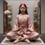 Placeholder: Hyperreal sculpture by John De Andrea, girl wearing a flower robe sitting in lotus pose on a museum display, hyperrealism