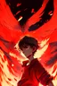 Placeholder: a boy with red wing, wearing red shirt, in air, red background, control the fire, anime