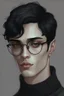 Placeholder: Short black hair, light skin, black turtle neck clothing, black round glasses, earrings, grey eyes, black eye shadow, man