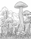 Placeholder: coloring page of mushroom world landscape, use clean lines and leave plenty of white space for coloring, simple line art, clean and minimalistic line