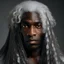 Placeholder: dark-skinned man wearing a silver hair veil with curly darkhair