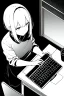 Placeholder: hacker girl use a laptop above a table in a cafe, line arts, greyscale