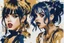 Placeholder: Poster in two gradually, a one side the Singer Danish MØ face and other side the Singer Melanie Martinez face, painting by Yoji Shinkawa, darkblue and gold tones,