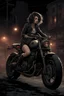 Placeholder: vampire girl with short curly hair riding a cafe racer motorcycle in a post apocalyptic city at night