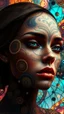 Placeholder: A digital artwork of women face adorned with her babe intricate patterns and designs. The figure's face is covered in swirling lines, circles, and other abstract patterns in hues of mocha, navy and gold.The background is a colorful glass , with abstract patterns that complement the figure's design. The overall ambiance of the image is dreamy and surreal.