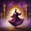 Placeholder: Hyper Realistic Sufi Whirling with Golden, Maroon & purple Islamic Sufi Rustic Grungy Background with Islamic Architecture at night with heavy fog Whirling