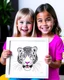 Placeholder: Check out a picture of two kids(4 years) showcasing their finished a baby tiger coloring page in a frame or as a gift for someone special. (style carton)