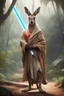 Placeholder: [photo realistic] a kangaroo standing with a Jedi cape and a Lightsaber, using the force, jungle in the background