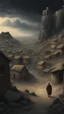 Placeholder: Busch nightmares paining style, thin line draw ,Title:a giant man looks like a hero , a view of a Stone Age village , 8k artistic photography, photorealistic concept art, soft natural volumetric cinematic perfect light, chiaroscuro, award-winning photograph, masterpiece, oil on canvas, Raphael, Caravaggio, Greg Rutkowski, people, beksinski, Giger