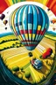 Placeholder: A GoPro camera is attached to the underside of a hot air balloon, capturing a breathtaking view of rolling hills and colorful patchwork fields below. A flock of geese flies alongside the balloon, casting long shadows against the landscape. Style: Dynamic, Mood: Euphoric, Lighting: Clear, bright sunlight, T-shirt design graphic, vector, contour, white background.