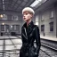 Placeholder: A beautiful slender well dressed tall young woman with short hair and a black trench coat, waiting for a man at night at a train station in London