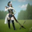 Placeholder: female line infantry, napoleonic, armed with musket, feminine corset, ankle boots, wearing thighhigs and miniskirt, bare thighs, hair in pigtails, wearing tricorn hat, opera mask, full body shot, standing in field, looking into distance, hyperrealism photorealistic, detailed elaborate