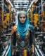 Placeholder: potrait cinematography colors a beautiful face woman hijab humanoid hijab robot mechanical walking in between two rows of complex machinery with vibrant colors