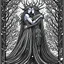 Placeholder: The ice queen's embrace, by Godmachine, heavy metal art, surreal sketch, tarot card aesthetic, cold colors, minimalism, black and white and Midnight blue