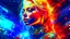 Placeholder: old worn canvas, layered, embossed, double exposure, artistic luminous soft watercolor, glitter, medium ground, luminosity, highlights, gold fragments, shine, light effects, artistic luminous, portrait of a female cyborg in flowing clothes, blonde hair, red lips, wind, blue space, planet, clear lines, layered, blending, textured, surreal, 3D, 8K, best quality, fine rendering, high detail, hyperrealism, high resolution, high definition, layered, pin sharp, hyperfocus, vignette