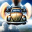 Placeholder: a high definition screen shot of a jet-fighter vw-beetle, retrofuturistic, phototrealism, in flight, one subject, should have wings with atleast one exposed jet on each wint or one coming throught thr front and center of the vehicle.