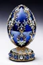 Placeholder: A Fabergé jewelled egg, the exterior of the egg resembles perfect blue crystal egg formed with many gold decorations. It is studded with diamonds and is made from quartz, platinum, and orthoclase with miniature flowers, diamonds and made from platinum and gold, the flowers and plants made of white quartz and gold, The box features decorative Swarovski crystals and an enamel finish, high quality, detailed, photography, stunning