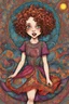 Placeholder: a cartoon illustration of a schizophrenic curly, short haired vampire girl in a paisley sundress, in the cartoon style of Lynda Barry , Ernie Pook's Comeek, vibrant natural colors, , museum quality masterpiece