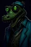 Placeholder: Artist Jean-Baptiste Monge style. A old biomorph male humanoid with Alligator face. Bright eyes. A green and blue striped outfit. Modifiers: Tim Burton Craig Rutkowski Modifiers:neon glowing Iridescent black ink