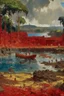 Placeholder: A red isles with a fiery junkyard designed in Mayan architecture painted by Claude Monet