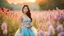 Placeholder: A gorgeous Asian model in a fairy outfit in a field of flowers at sunset