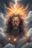 Placeholder: picture of a "god of the weather" who has long hair made of clouds. he also has glowing orange eyes that look like they're 2 suns. his body is made out of storm clouds with bits of lightning inside, his body also has glowing orange cracks all over it that look like they're made of the sun. he has greek god clothes on that are completely made of ice. his clothes also have an icy look to them as they shine in the sun
