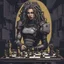 Placeholder: velcro patch of medusa in the style of cyber punk playing chess with a knight chess piece in her hand