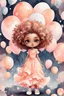 Placeholder: A watercolor fairytale style of a chibi cartoon wearing a peach maxi dress and white sandals. Prominent make up with hazel eyes. Highly detailed tight curl afro. Background of white and peach ballons everywhere.