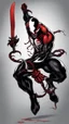 Placeholder: A close picture of Venom symbiote with kratos red tattoos and Clothes, holding blade of choice