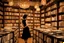 Placeholder: full-height shot of a woman in a tight black dress, inside a large magic book shop, shelving, lights, books, bottles, windows