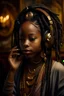 Placeholder: earthy black young woman listening to music with small old school headphones, soul, peace, majestic, earthy colours, at peace, happy, incense, jewels, bands, natural, old school headphones, blasian eyes, incense, very dark skin, crystals, gold arm bands, locs with beads, handless