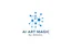 Placeholder: A minimalist and professional logo design for a 3D motion graphics studio. The icon features an abstract, geometric shape formed by flowing nodes and interconnected lines, symbolizing complex particle flow and procedural animation. Sleek, modern, and clean aesthetic. High contrast, vector style, white background, solid vibrant blue and deep charcoal grey color palette. Flat design, scalable, professional typography space underneath.add text "AI ART MAGIC By: Babakan" with pretty style.