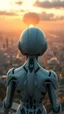 Placeholder: Photoreal Gorgeous godlike white alien cyborg rear view looking over a futuristic nuclear distraction of a city on the horizon in golden hour , otherworldly creature, in the style of fantasy movies, photorealistic, bokeh masterpiece smooth shading, ultra detailed, high resolution, cinematic, unreal 6, subtle shadows, octane render, 8k, cinema 4d, HDR, dust effect, vivid colors