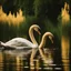 Placeholder: two swans in a romantic lake, dark green and warm yellow color, fantasy atmosphere, photo quality