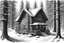 Placeholder: cabin in the woods, snow, sunshine, very detailed black and white pencil drawing