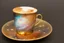 Placeholder: A universe swirling in a beautiful gold rimmed porcelain coffee cup, with planets, stars, steam, masterpiece, in sunshine