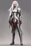 Placeholder: female with long white hair, wearing metal small armor, whole body