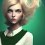 Placeholder: Woman, dark green sweater, beautiful face, blond short hair, red headband, eyes different size