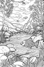 Placeholder: coloring page, fish in a creek, cartoon style, thick lines, low detail, no shading