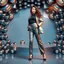Placeholder: make a picture pretty stage made of metallic blue-gray teme 3d fractal recursive cubic and sphere base structures and a beautiful fashion model lady posing with cute,with bag style trousers with a tight top and jacket,siver high heels ,makeup curvy long hair,dynamic camera zoom to full body and pan, dynamic lights.