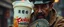 Placeholder: close up portrait of a blody ramen bucket that looks like a chain saw wielded by serious angry law man, in china